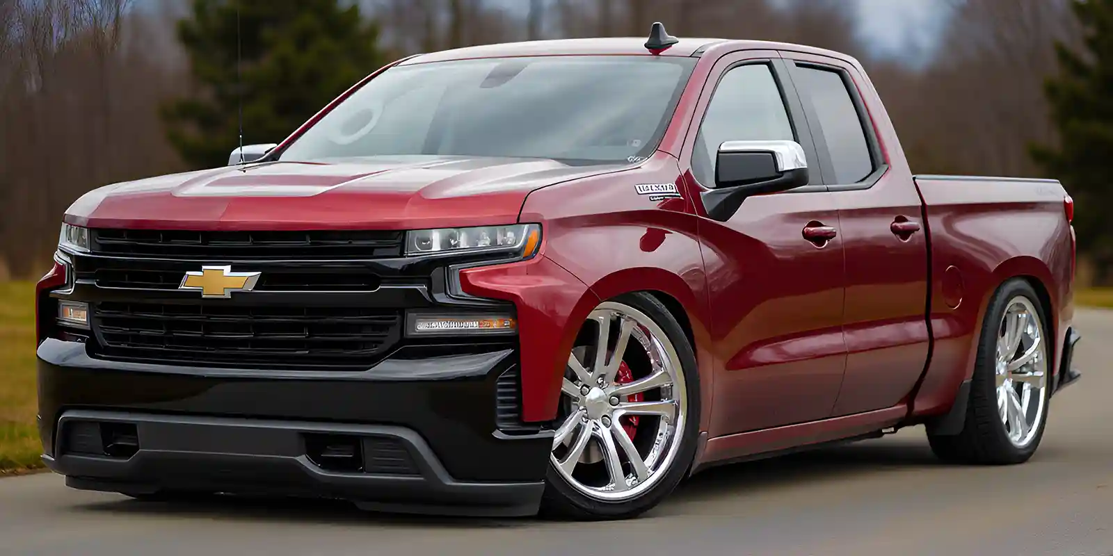 Lowered red Chevrolet Silverado, gloss-black fascia, aftermarket chrome multi-spoke wheels | Automotive Expressions