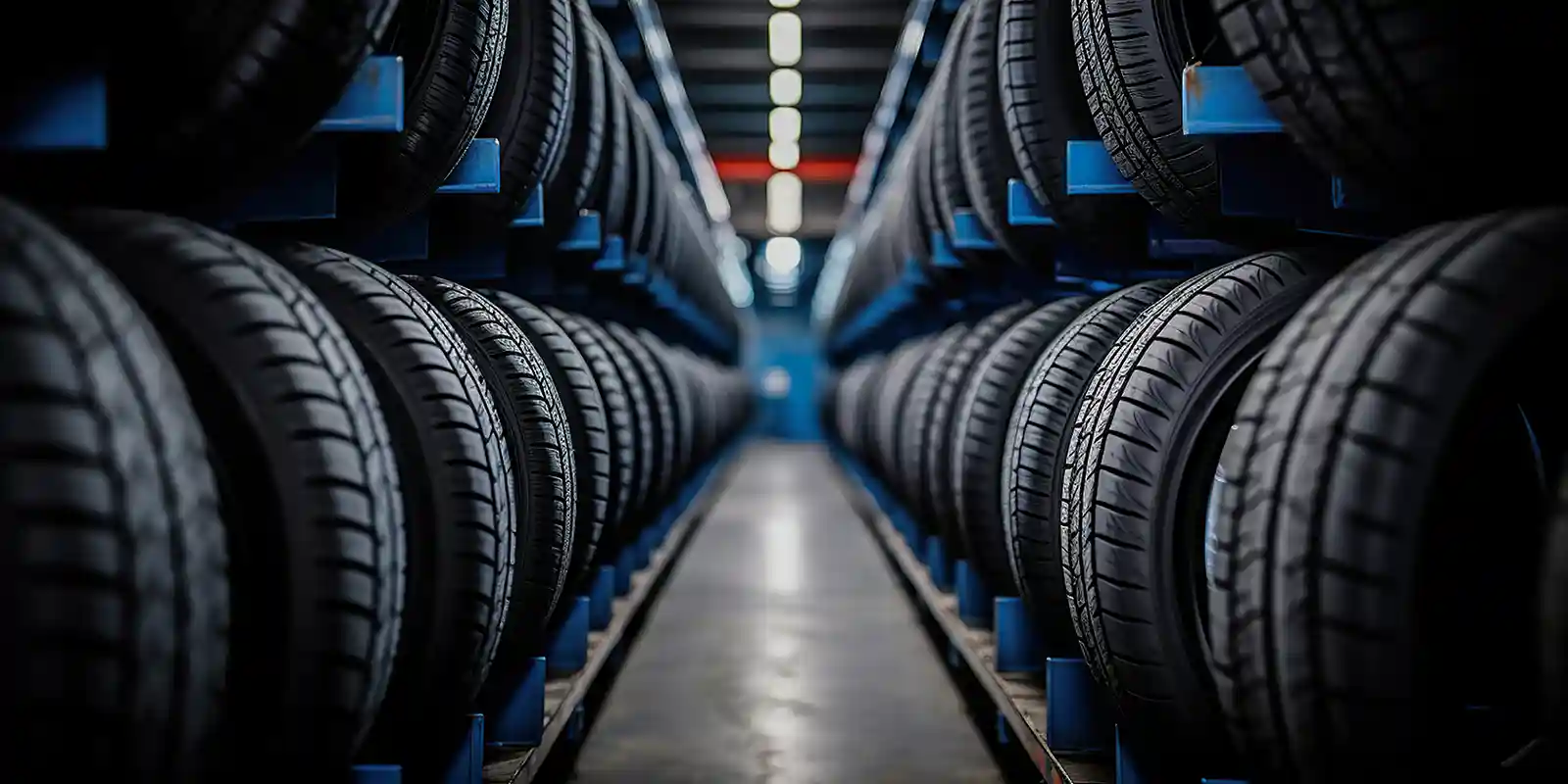 Rows of new tires stacked on blue shelving in a warehouse. Tire storage.